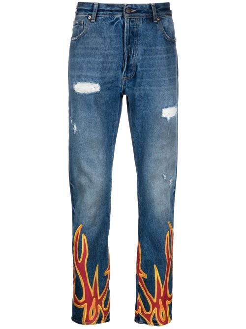 Jeans a gamba dritta con stampa fiamma PALM ANGELS | PMYA012F22DEN0074525